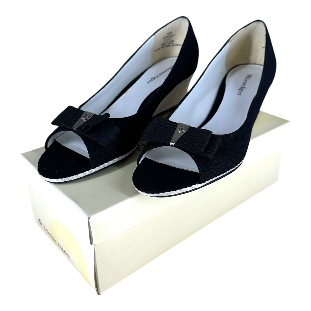 Etienne Aigner Women’s 10 Black Linen Wedge Peep Toe Heels Digit Casual Y2K VTG - Picture 2 of 12